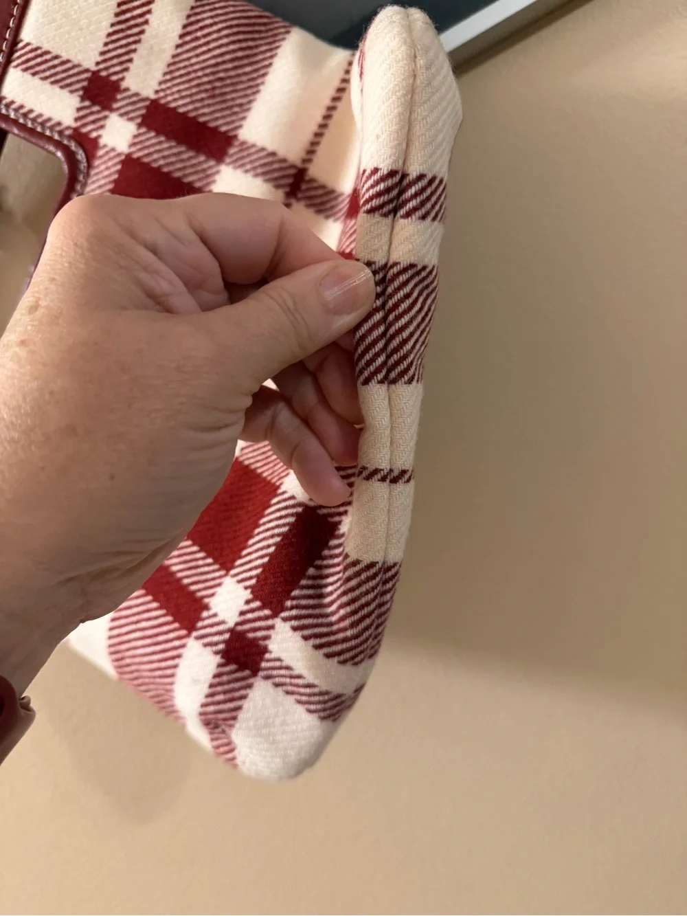 Banana Republic Plaid Red and Cream Handbag with Cutout Handle